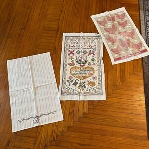 Vintage LinenTea Towel Set 3 Little Red Hen Sampler Red Stripe Cottagecore